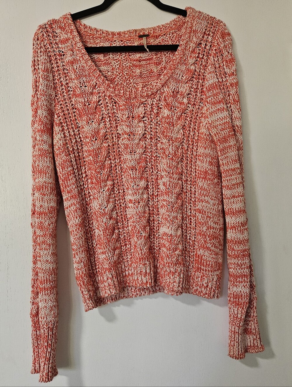 Free People Red White Marled Cable Knit Scoop Neck Sweater Size Large